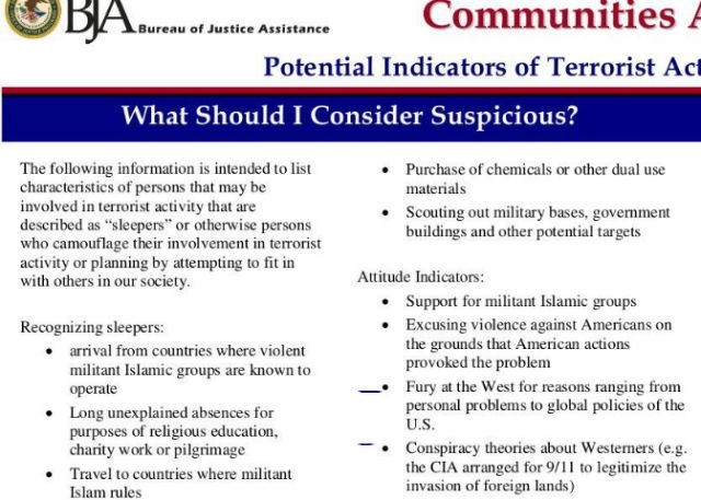 Communities against terrorism FBI memo
