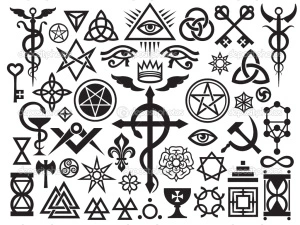 Illuminati and Free Masonry Occult Symbols All Seeing Eye of Horus Snake Reptilian Three Sisters crown Pentagram